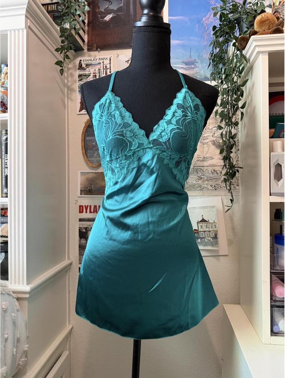 Avidlove Teal Lace Satin Chemise Slip Dress